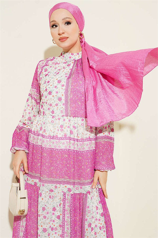 Retro Floral Chiffon Dress Fuchsia