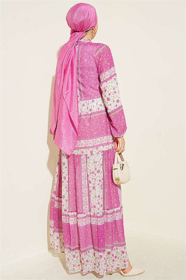 Retro Floral Chiffon Dress Fuchsia