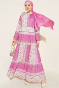 Retro Floral Chiffon Dress Fuchsia