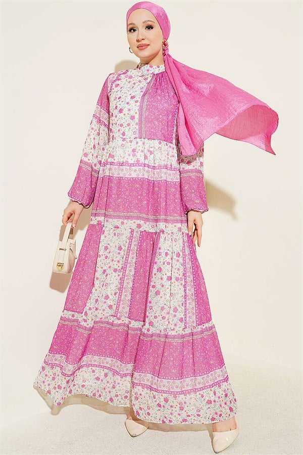 Retro Floral Chiffon Dress Fuchsia