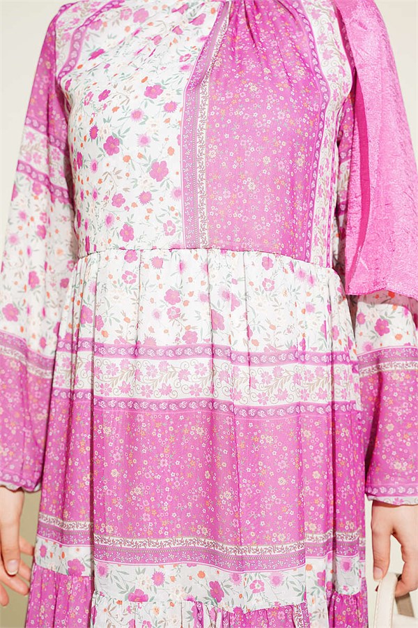 Retro Floral Chiffon Dress Fuchsia