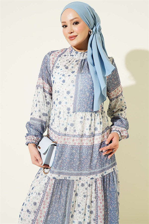 Retro Floral Chiffon Dress Navy Blue
