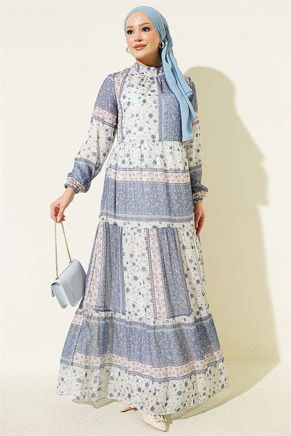 Retro Floral Chiffon Dress Navy Blue