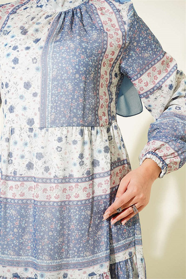Retro Floral Chiffon Dress Navy Blue