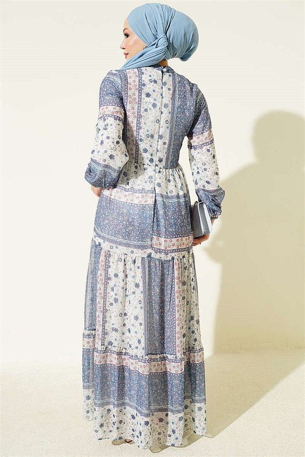 Retro Floral Chiffon Dress Navy Blue