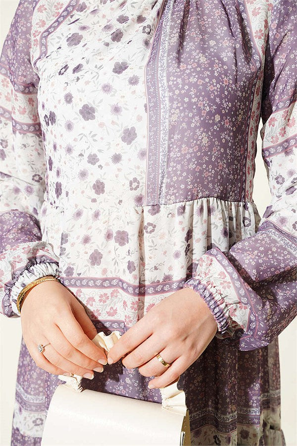 Retro Floral Chiffon Dress Lilac
