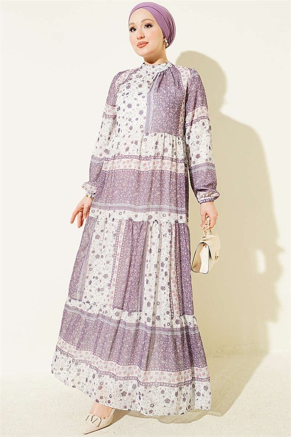 Retro Floral Chiffon Dress Lilac