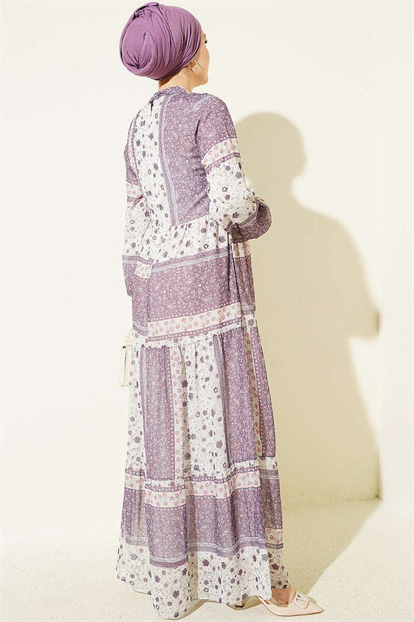 Retro Floral Chiffon Dress Lilac