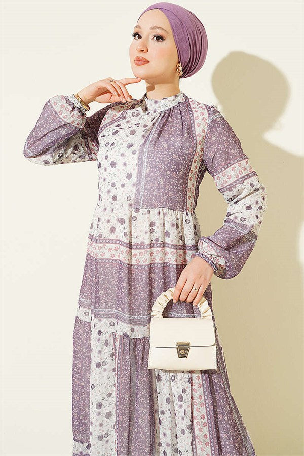Retro Floral Chiffon Dress Lilac