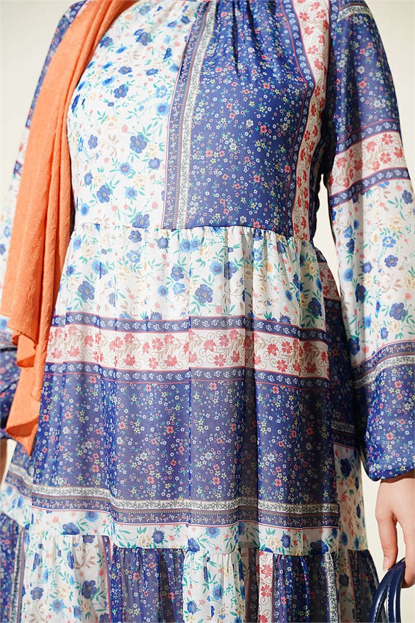 Retro Floral Chiffon Dress, Blue