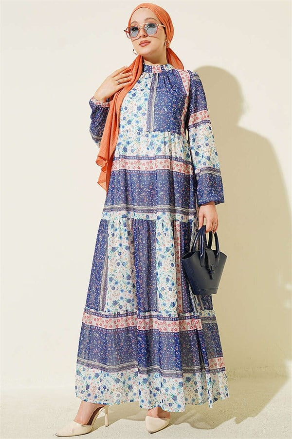 Retro Floral Chiffon Dress, Blue