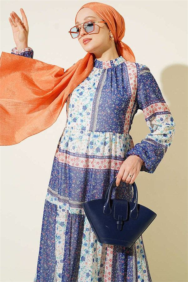 Retro Floral Chiffon Dress, Blue