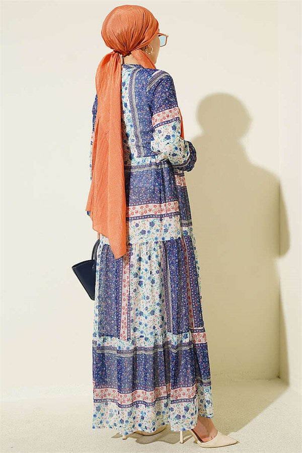 Retro Floral Chiffon Dress, Blue