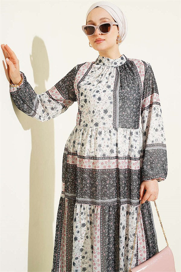Retro Floral Chiffon Dress Black