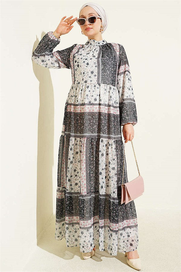 Retro Floral Chiffon Dress Black