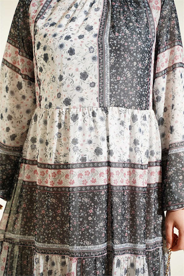 Retro Floral Chiffon Dress Black