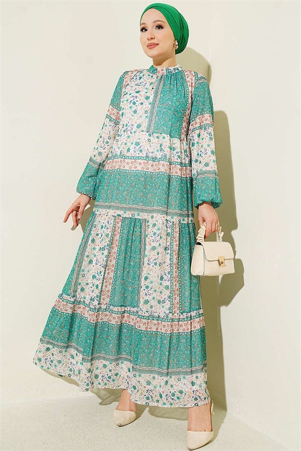 Retro Floral Chiffon Dress Green