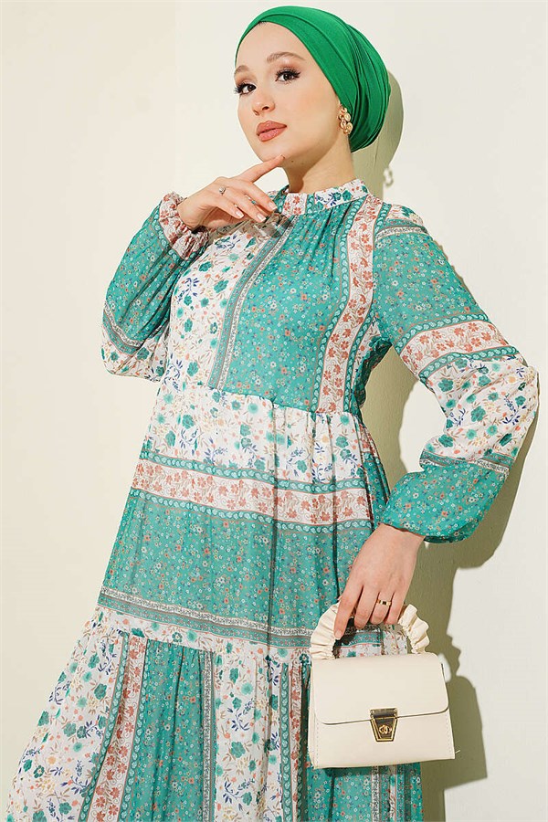 Retro Floral Chiffon Dress Green