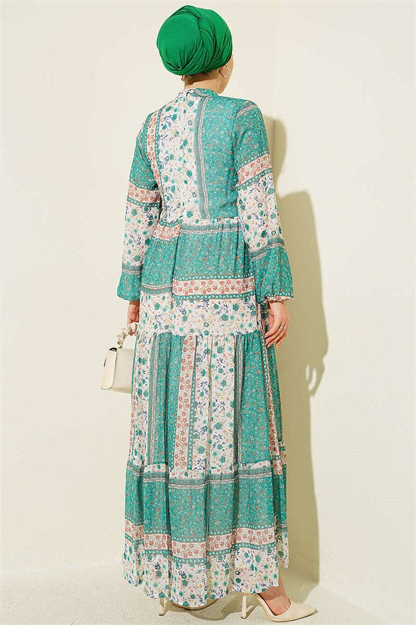 Retro Floral Chiffon Dress Green