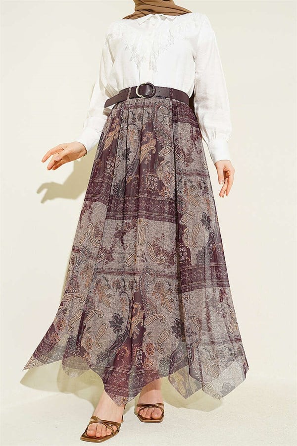 Retro Pattern Asymmetrical Tulle Skirt, Plum