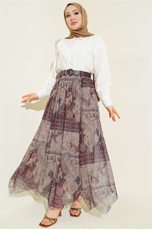 Retro Pattern Asymmetrical Tulle Skirt, Plum