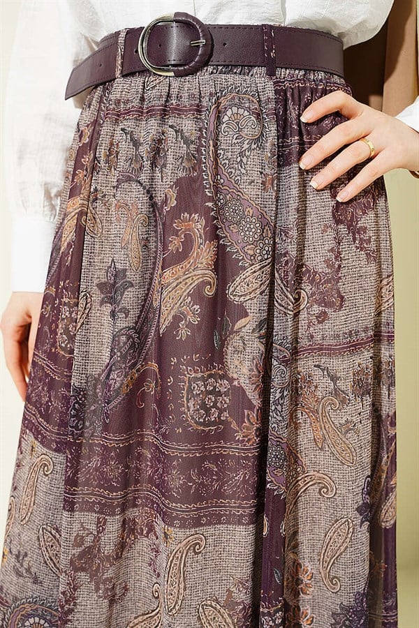 Retro Pattern Asymmetrical Tulle Skirt, Plum