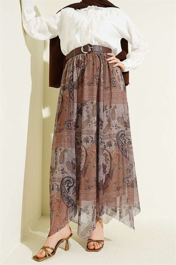 Retro Pattern Asymmetrical Tulle Skirt Mink
