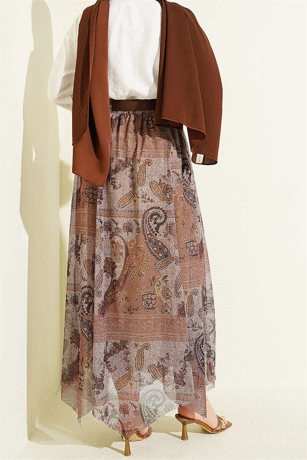 Retro Pattern Asymmetrical Tulle Skirt Mink