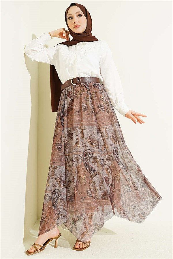 Retro Pattern Asymmetrical Tulle Skirt Mink