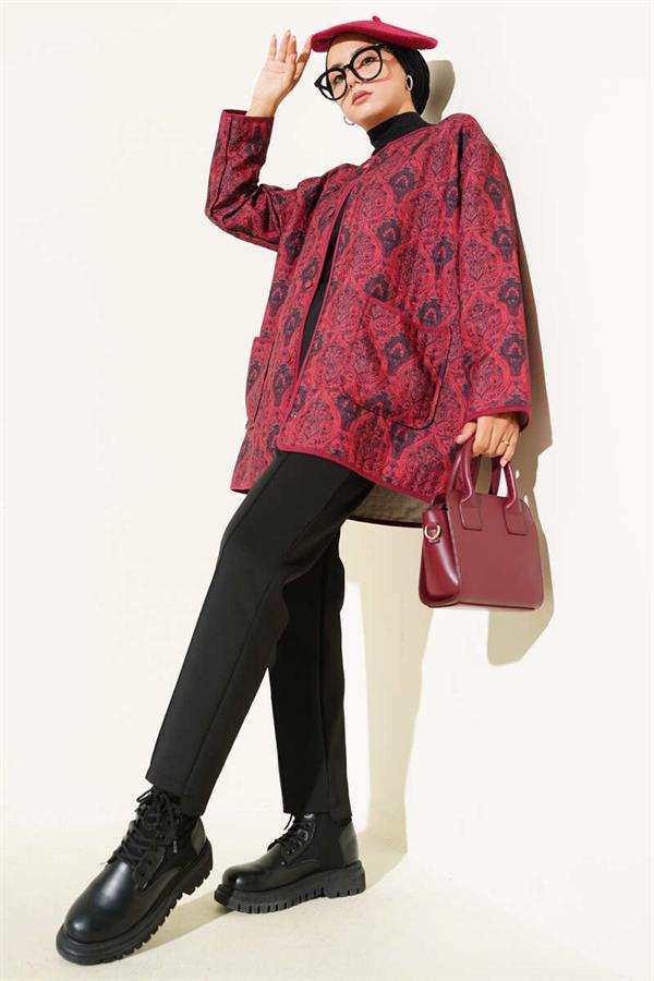 Retro Pattern Quilted Jacket Burgundy