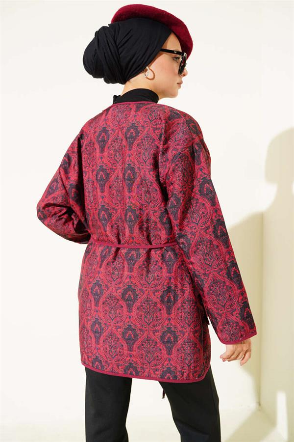 Retro Pattern Quilted Jacket Burgundy