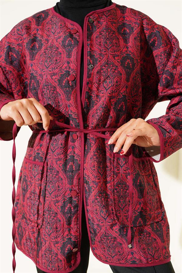 Retro Pattern Quilted Jacket Burgundy