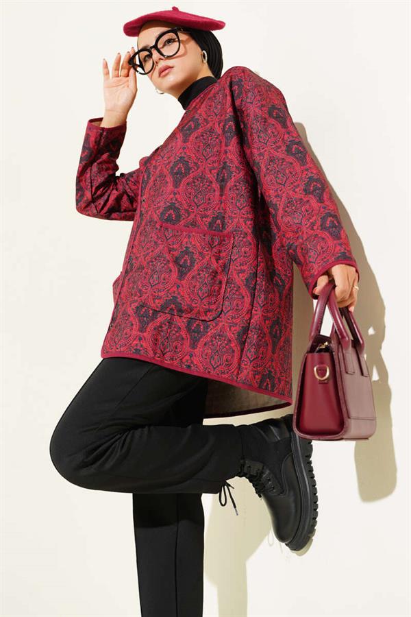 Retro Pattern Quilted Jacket Burgundy