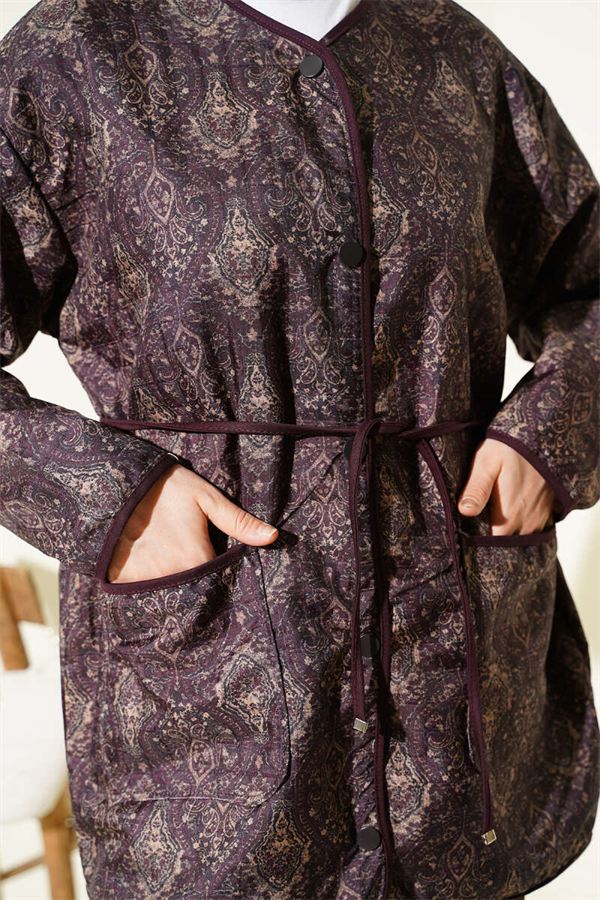 Retro Pattern Quilted Jacket, Plum