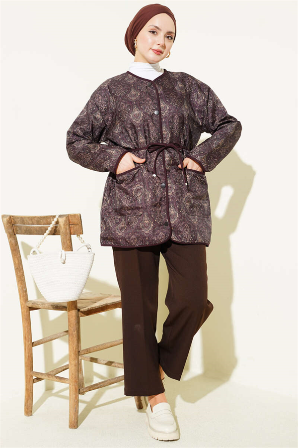 Retro Pattern Quilted Jacket, Plum