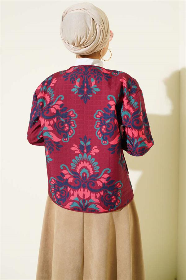 Retro Pattern Quilted Short Jacket Burgundy