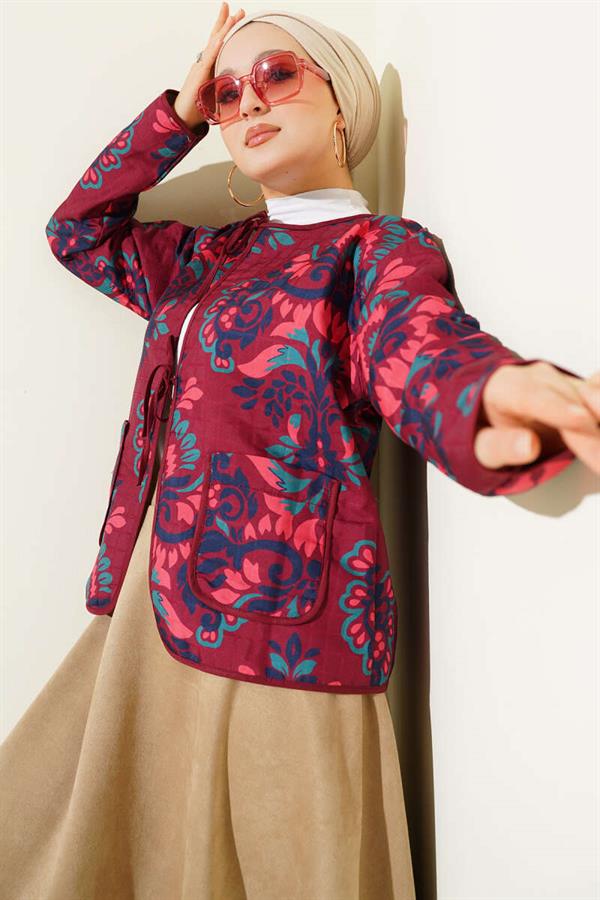 Retro Pattern Quilted Short Jacket Burgundy