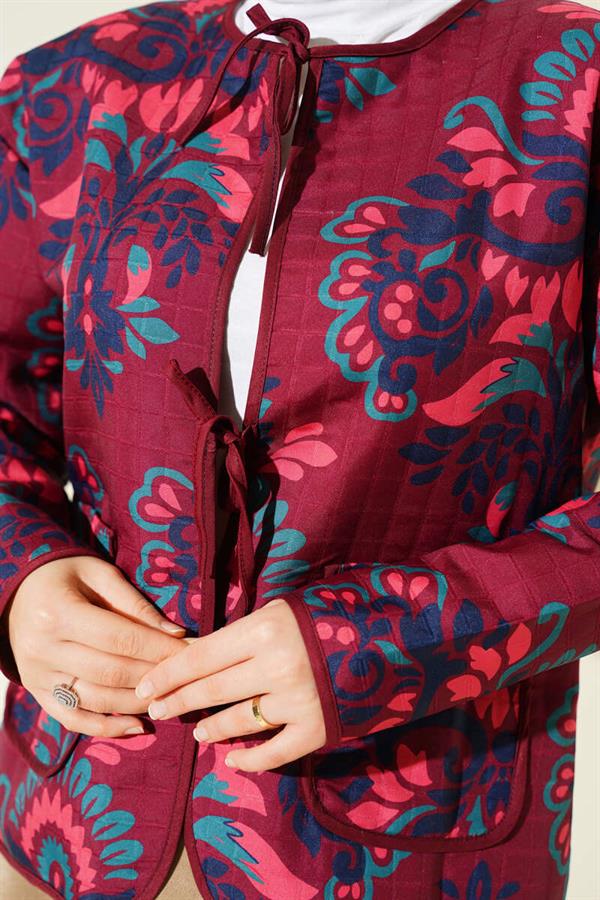 Retro Pattern Quilted Short Jacket Burgundy