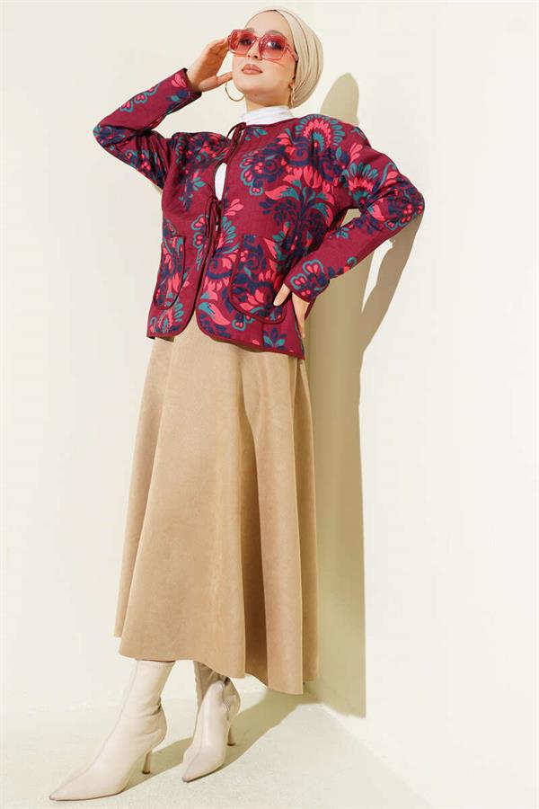 Retro Pattern Quilted Short Jacket Burgundy