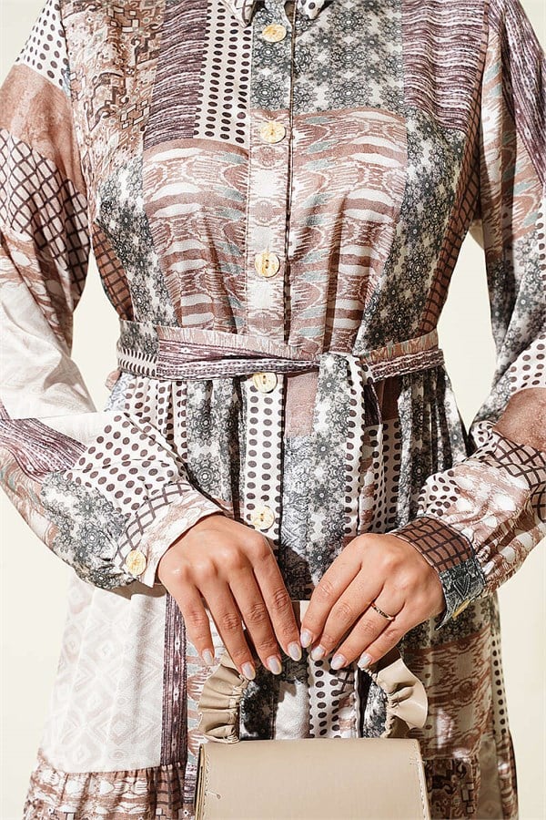 Retro Patterned Full-Length Buttoned Dress, Beige