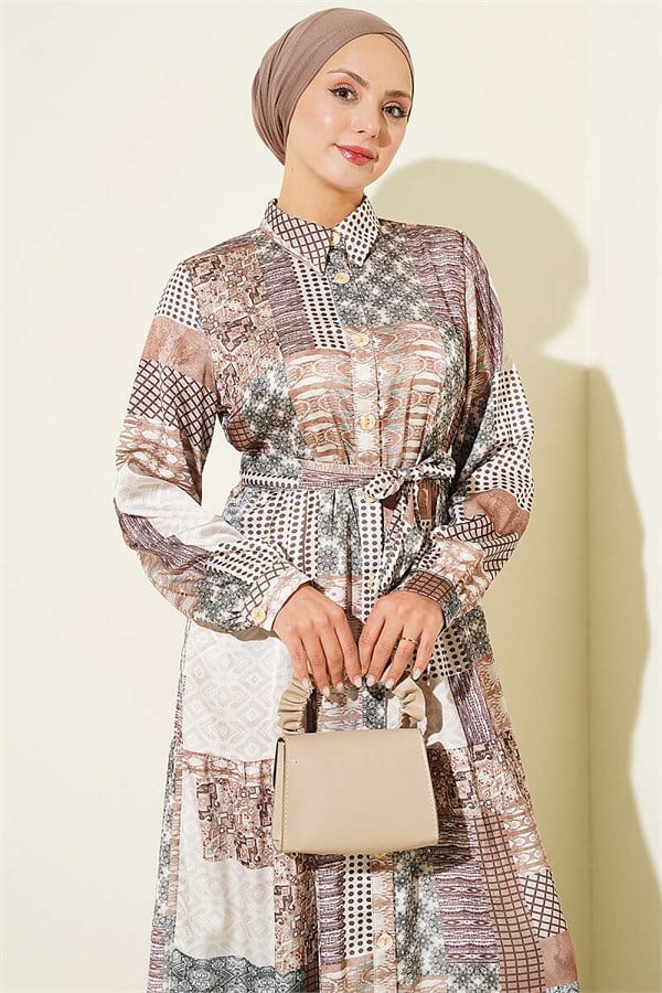 Retro Patterned Full-Length Buttoned Dress, Beige