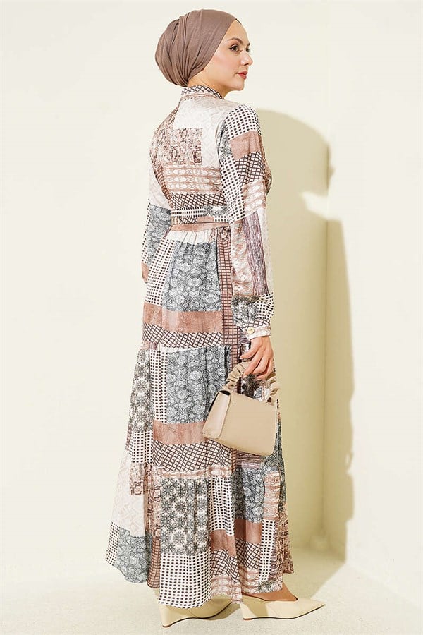 Retro Patterned Full-Length Buttoned Dress, Beige
