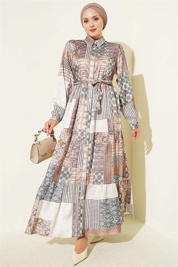 Retro Patterned Full-Length Buttoned Dress, Beige