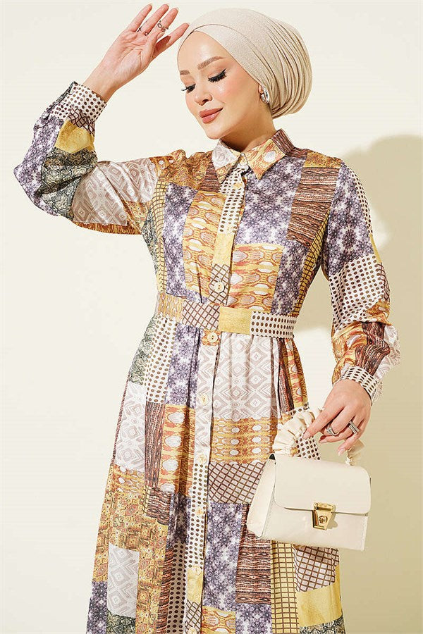 Retro Patterned Full-Length Buttoned Dress in Olive Green