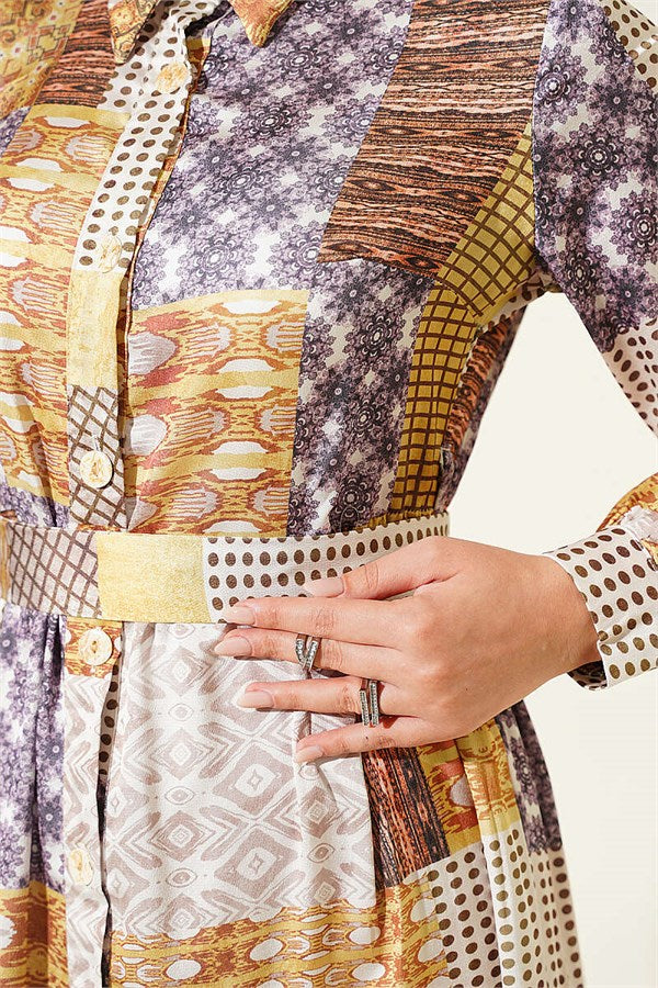 Retro Patterned Full-Length Buttoned Dress in Olive Green