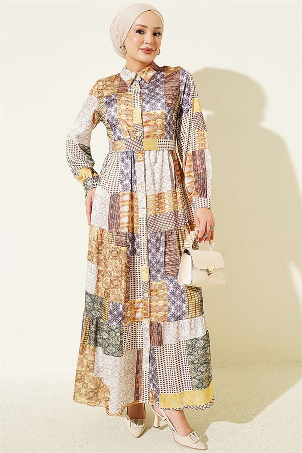Retro Patterned Full-Length Buttoned Dress in Olive Green