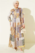 Retro Patterned Full-Length Buttoned Dress in Olive Green