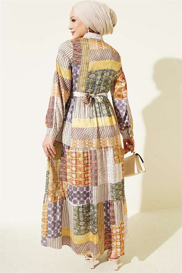 Retro Patterned Full-Length Buttoned Dress in Olive Green