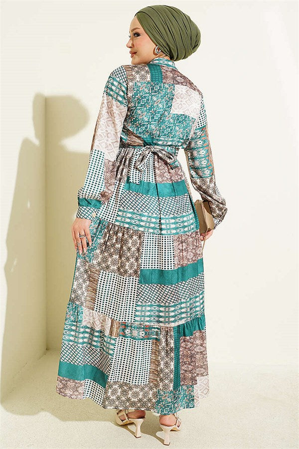 Retro Patterned Full-Length Buttoned Dress Green