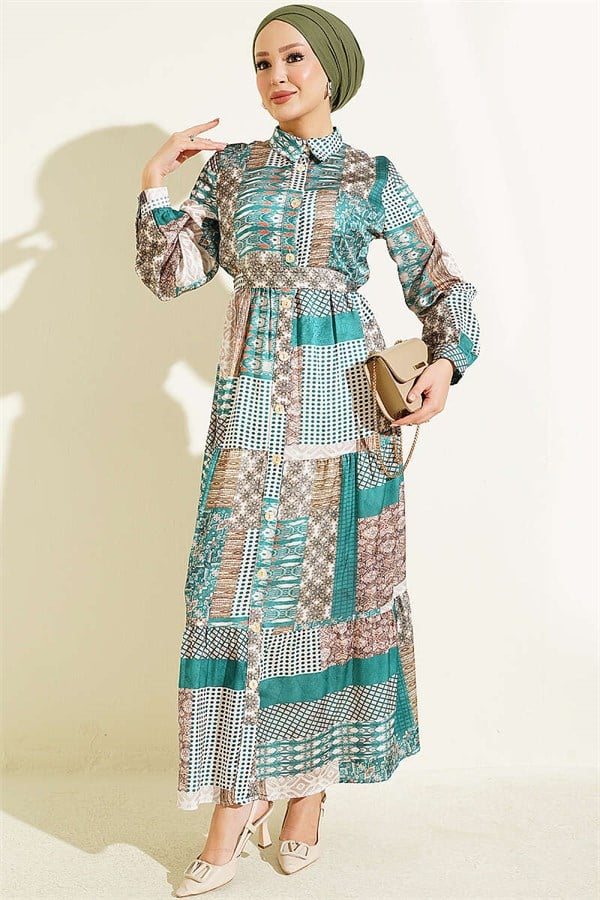 Retro Patterned Full-Length Buttoned Dress Green